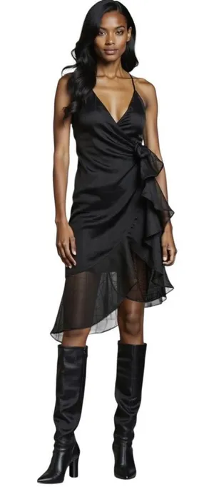 NY&Co Dress Day Black Ruffle Wrap Midi Dress Medium Sheer Organza Cocktail NWT thumbnail 1