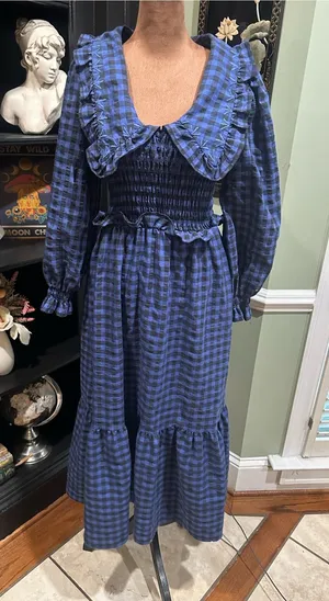 MANGO Blue & Black Gingham Smocked Babydoll Dress – Size 2 thumbnail 1