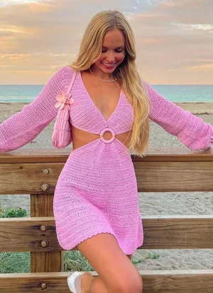 Beginning Boutique Pink Long Sleeve Crochet Dress thumbnail 1