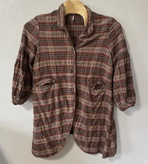 Free‎ People Victorian Plaid Jacket Size Medium Red Brown Oversized thumbnail 1