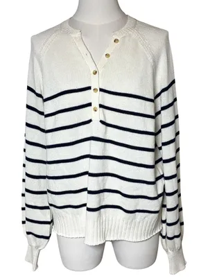 Peyton Primrose Lightweight Nautical Striped Cotton Henley Sweater Ivory Navy M thumbnail 1