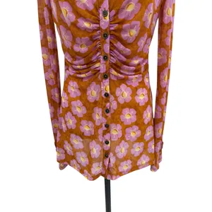 Free People Lucky Shirt Mesh Floral Ruched Button Front‎ Coffee Combo Medium thumbnail 5