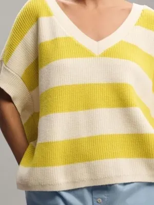 Anthropologie Maeve V Neck Sweater Tee Oversized Yellow Striped Size Extra Small thumbnail 3