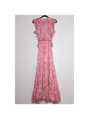 MISA Nastasha Maxi Dress L Ruffle Side Cut Out Floral Tiered Sleeveless Sheer thumbnail 9