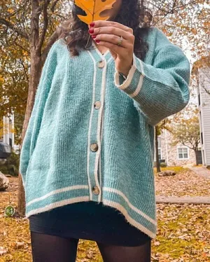 A NEW DAY Button Front Cardigan Light Blue White Varsity Stripe Preppy Sweater M thumbnail 1
