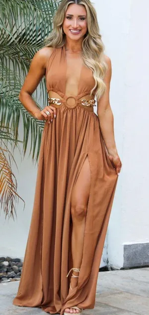 Carmel Cutout Tie Flowly Wrap Maxi Dress With Gold Chain Accents And Slit thumbnail 1