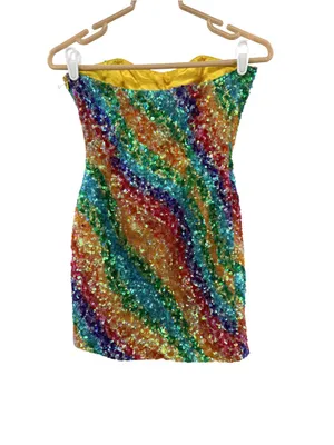 Gigi Multicolor rainbow full Sequin Mini Dress strapless 0 colorful pride event thumbnail 2