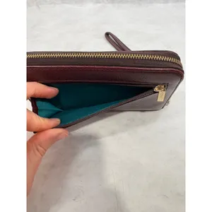 Fossil Logan Zip Around Clutch Wallet Burgundy Leather Teal Interior Wristlet thumbnail 4