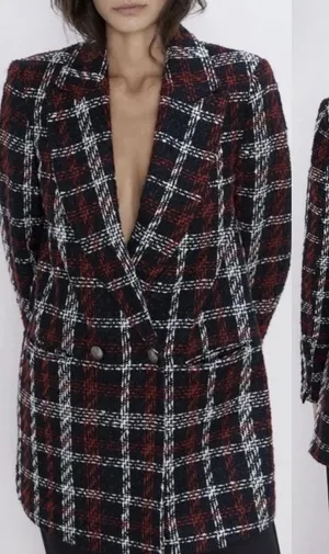 Zara Tweed Double Breasted Blazer Oversized Plaid Red Black Suit‎ Jacket Size XS thumbnail 1
