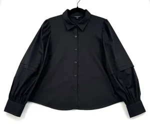 Marc New York Andrew Marc Black Button Front Blouse Puff Pleated Sleeve Top L thumbnail 1