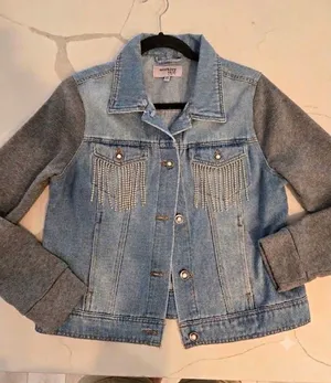 Working Title Denim Jacket Rhinestone Fringe Gray Knit Sleeves Pearl Buttons M thumbnail 1