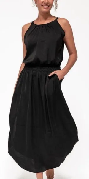 SheBird Emma Black Satin Knit Bateau Neck Built‎ In Bra Midi Dress Smocked M L thumbnail 1