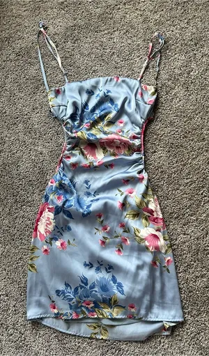 Blush BJ Light Blue Floral Satin Mini Dress with Spaghetti Straps thumbnail 1