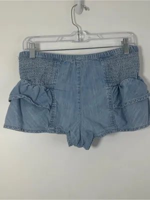 Free People Ruffle Chambray Denim Shorts Smocked Waist XS 100% Cotton thumbnail 3