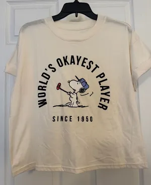 Peanuts Snoopy 'World's Okayest Player' Cotton Blend Cream Graphic Tee thumbnail 1