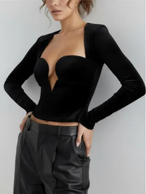 HOUSE OF CB Sierra Long Sleeve Plunge Corset, Black Velvet, XS thumbnail 4