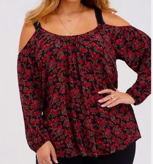 Torrid red rose floral print long sleeve cold shoulder top crinkle gauze thumbnail 1