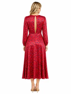 Topshop Red Floral Satin Midi Dress Open Back Long Sleeve V Neck Size 6 thumbnail 3