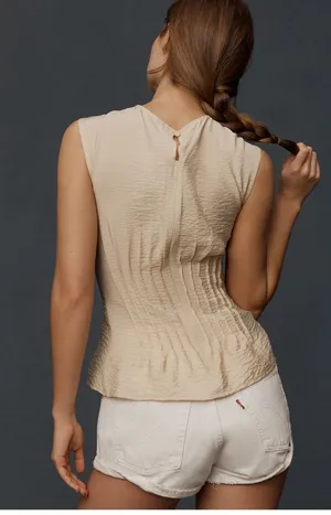 Anthropologie Della Pleated Waist Shell Top Retails $88 Size M Beige thumbnail 2