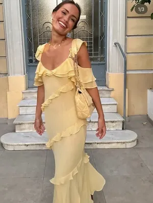 Zara Butter Yellow Ruffle Cold-Shoulder Maxi Bohemian Summer Sun Dress thumbnail 4