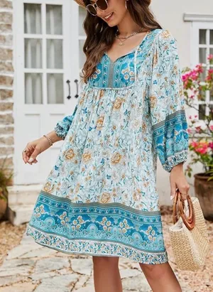 Bluetime Floral Boho Dress Blue Medium NWT thumbnail 1