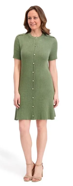 French Connection‎ Green Ribbed Knit Button Front Short Sleeve Fit Flare Dress thumbnail 1