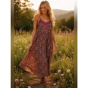 Natural Life Womens XS/S Floral Tiered Midi Dress Pink Embroidered Pockets Brown thumbnail 11