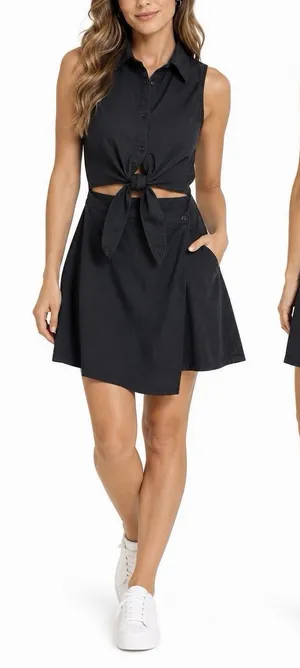 DO+BE Black Tie Front Cutout Shirt Dress Size S 100% Cotton Sleeveless thumbnail 1