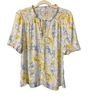 Current Air Womens Coastal Yellow Boho Floral Smocked Puff‎ Sleeve Small 2130026 thumbnail 1