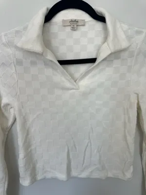 Atelier by Kirious White Textured Checker Long Sleeve Polo Top thumbnail 3
