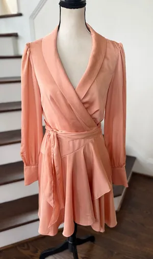 Mac Duggal Warm Pink Satin Blouson Sleeve Ruffle Midi Wrap Cocktail Party Dress thumbnail 1
