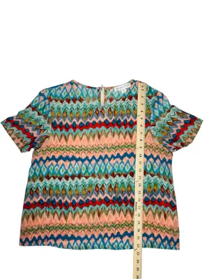 Amour Vert Multicolor Geometric Print 100% Silk Short Sleeve Blouse thumbnail 4