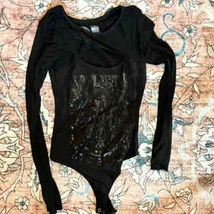 Affliction Live Fast Women’s Bodysuit Size XS Sheer Mesh Low Cut Black Moto thumbnail 2