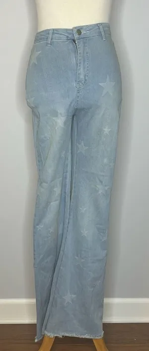 Nasty Gal- Blue Flare Jeans with Stars + Rhinestone Fringe on Back Pockets thumbnail 1