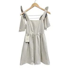Miou Muse Linen Blend Tie Shoulder Mini Dress Oatmeal Beige Small Boho NWT thumbnail 2