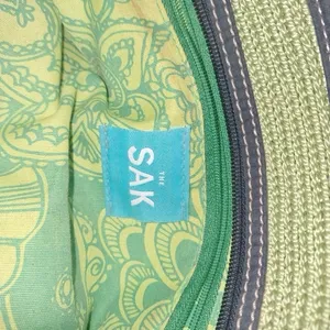 The Sak Green Woven Satchel Purse W/ Navy Blue Trim Vintage Boho Style Handbag thumbnail 8