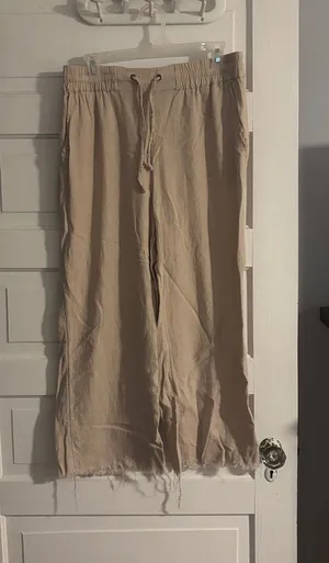 D&Co Light Beige Drawstring Wide-Leg Linen Blend Pants thumbnail 1