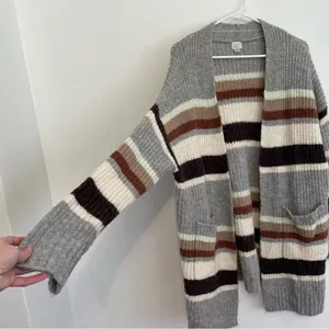 A NEW DAY Striped Open Front Cardigan Gray Cream Tan Brown Long Heavy Sweater M thumbnail 8
