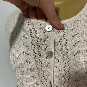 Y2K Retro Vintage 90s Pink Pointelle Knit crochet Cardigan Short Sleeve M stain thumbnail 4