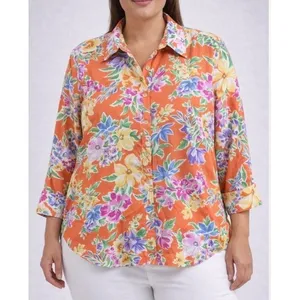 Lauren Ralph Lauren Shirt Womens L Orange Floral Cotton Button Front 3/4 Sleeve thumbnail 2