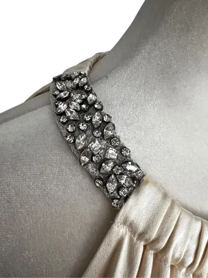 Rickie Freeman Teri Jon 100% Silk Jeweled Halter Black Ivory Formal Gown 6 thumbnail 3