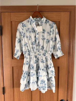 NWT The Shirt Rochelle Behrens Tiered Mini Dress White Blue Floral Women’s Small thumbnail 13
