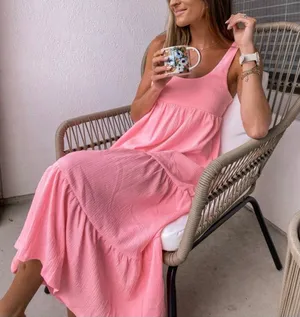 Free People Beach Reel Love Midi Maxi Dress Size S Pink Pockets Tiered Sundress thumbnail 1