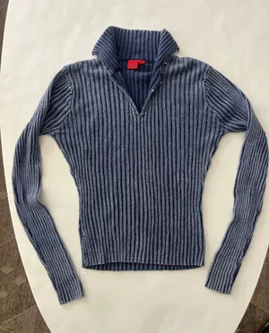 Vintage FRIENDS Blue Acid Wash Ribbed Mock Neck Stretchy Longsleeve Top M thumbnail 1