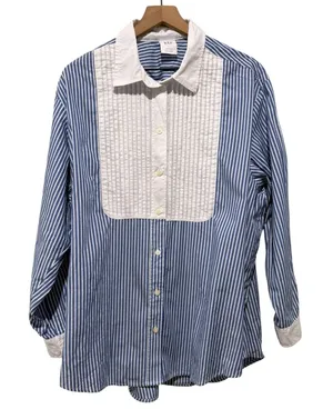 Gap The Big Shirt Women L Button Up Pleated Blue White Stripe Oversized Preppy thumbnail 1