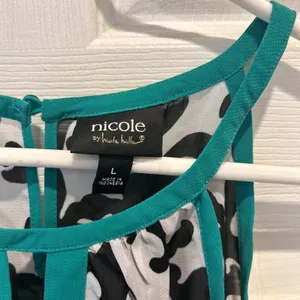 Nicole by Nicole Miller Black White Teal Damask‎ Halter High Low Blouse Large thumbnail 4