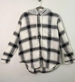 American Eagle Hooded Plaid Flannel Shirt Jacket Women’s Med Black White thumbnail 1