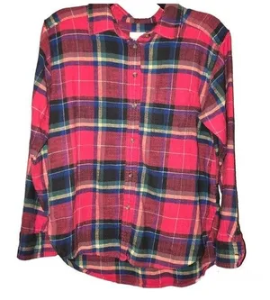 American Eagle Plaid Button Up Boyfriend Flannel Red‎ Green XS thumbnail 1