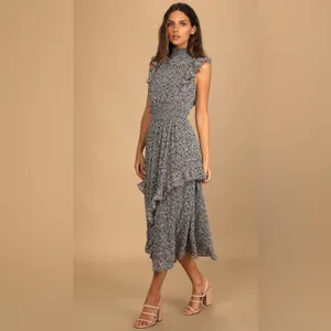 Lulus Evalina Black Floral Print Mock Neck Midi Dress Size Small thumbnail 3