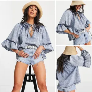 Free People Ainsley Denim Top in Indigo Wash Size Large thumbnail 2